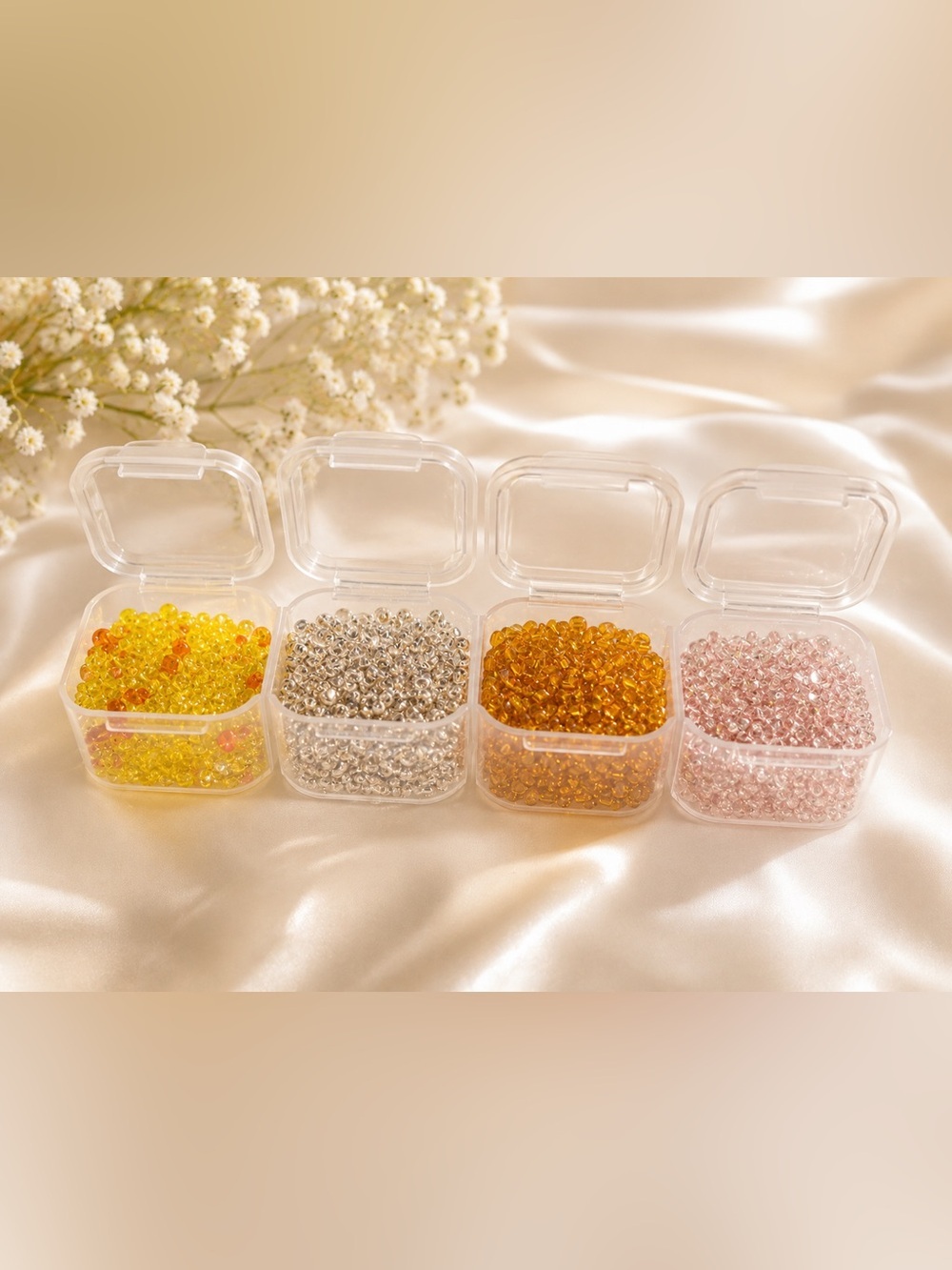 Assorted Glass Seed Beads - Amber, Silver, Pink, Yellow